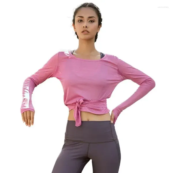 Roupa de yoga aberta roupas esportivas de manga comprida correndo topos verão camiseta feminina magro beleza volta roupas esportivas