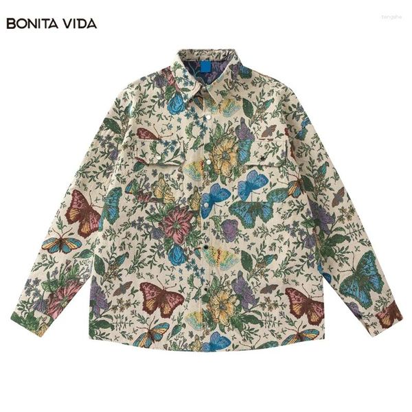 Camicie casual da uomo Camicia spessa Cappotto da uomo Y2K Farfalla Stampa Motivi geometrici Manica lunga Bottoni lavorati a maglia Retro Vintage Harajuku Magliette larghe