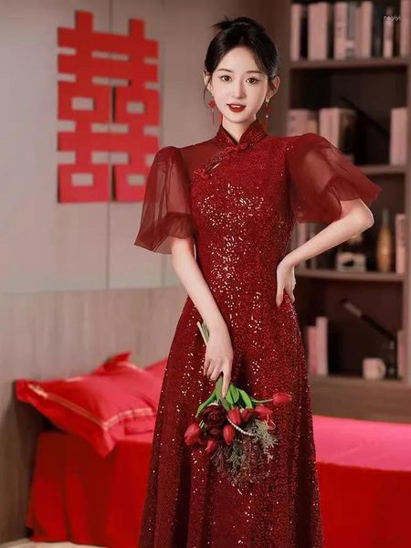 Etnik kıyafetler Yourqipao Çin Cheongsam Düğün Tost Elbise Kadın Gelin Nişan Gece Elbiseleri Sequined Prom Elbiseleri Resepsiyon