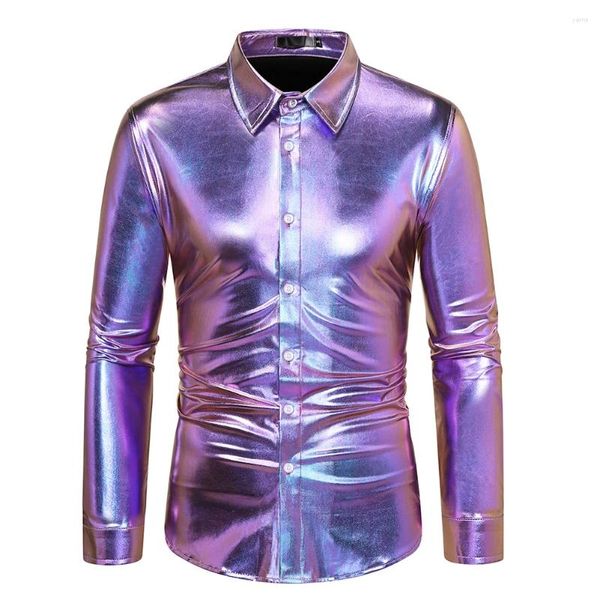 Camisas casuais masculinas moda retro discoteca vestido de festa camisa brilhante manga longa único breasted lapela topos homens boate roupas de palco