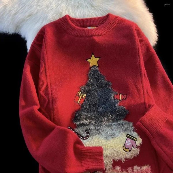 Мужские свитера, американский винтажный свитер с рождественской елкой, красные пары с круглым вырезом, свободные осенне-зимние трикотажные изделия и женские пуловеры