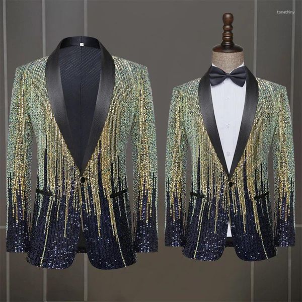 Ternos masculinos moda meteoro lantejoulas homens terno jaqueta manga longa um botão preto ouro masculino banquete blazer bar palco baile de formatura festa cotume