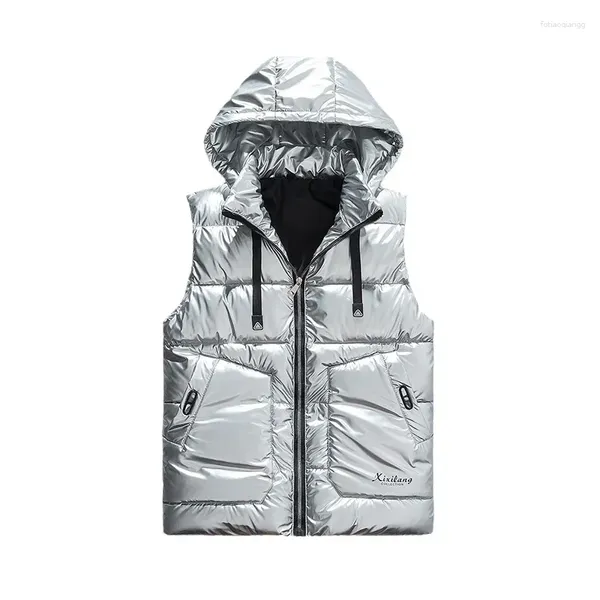 Gilet da uomo Gilet invernale con cappuccio Gilet corto Giacca imbottita in cotone di colore brillante senza maniche Casacos