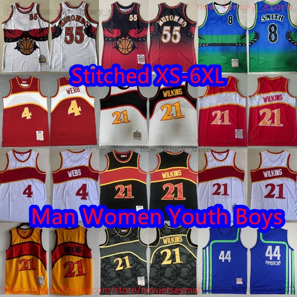 Personalizado S-6XL Clássico Retro 1996-97 Basquete 55 Dikembe Mutombo Jersey Clássico Vintage Stitch 4 Spud Webb 8 Steve Smith Jerseys Retro Respirável Camisas Esportivas