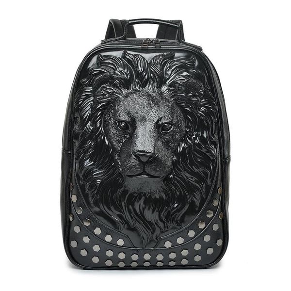 Мужской кожаный рюкзак, мягкий 3D-тисненый львиный рюкзак с заклепками и заклепками, дорожный рюкзак в стиле панк-рок для ноутбука, школьный рюкзак на Хэллоуин, Bag346T
