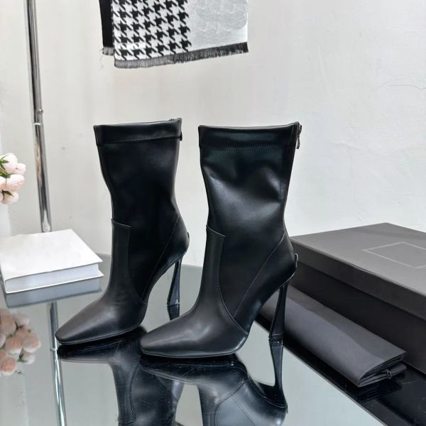 Сапоги из воловьей кожи, ботильоны на высоком каблуке с носком 10,5 см, украшенные молниями, модные эластичные ботинки, роскошные дизайнерские женские туфли, фабричные туфли, размер 35-42, с коробкой
