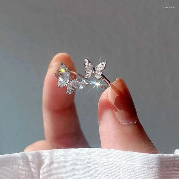 Anelli a grappolo Coreano squisito zircone lucido colore argento due dita regolabili a farfalla per gioielli da festa di moda bohémien da donna