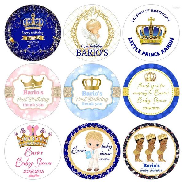 Fontes de festa personalizadas azul royal adesivos de chá de bebê coroa de ouro glitter menino primeiro aniversário adesivos redondos decoração para crianças