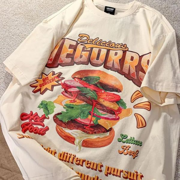 Erkek Tişörtleri Amerikan Retro Fun Burger Baskı T-Shirt Erkekler ve Kadınlar Gevşek Çift Kıyafet High Street Hong Kong Style All-Match Yarı kollu