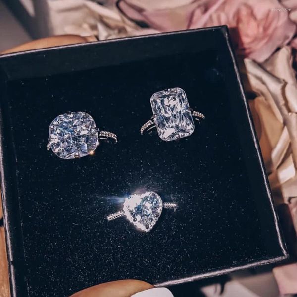 Anéis de cluster clássico 925 prata esterlina criado diamante casamento noivado coquetel coração quadrado topázio pedra preciosa para mulheres jóias