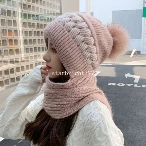 Nuove donne inverno un pezzo cappello allentato mix sciarpa patchwork lavorato a maglia pom pom berretto facile collocazione alla moda