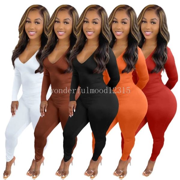 Macacões de designer mulheres manga longa bodycon macacão sexy v pescoço cortar macacões magros uma peça com cordão leggings macacões casuais roupas por atacado