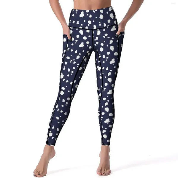 Kadın Taytlar Dalmatian Baskı Seksi Lacivert ve Beyaz Yukarı Yoga Pantolon Kawaii Stranty Leggins Kadınlar Grafik Egzersiz Spor Taytları