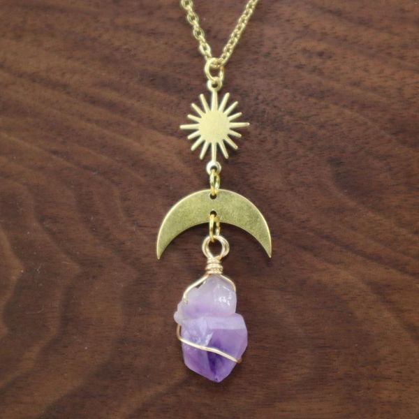 Anhänger Halsketten Amethyst Kupfer Mond Halskette Stahl Edelstahl Kette Kristall Rohstein BOHO Goldene Frauen Mädchen Geschenke für Sie