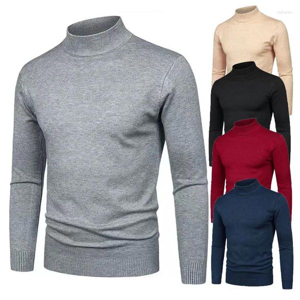 Мужские свитера 2023, сплошной цвет, приталенный пуловер с высоким воротом, трикотаж, корейское издание, повседневная нижняя рубашка
