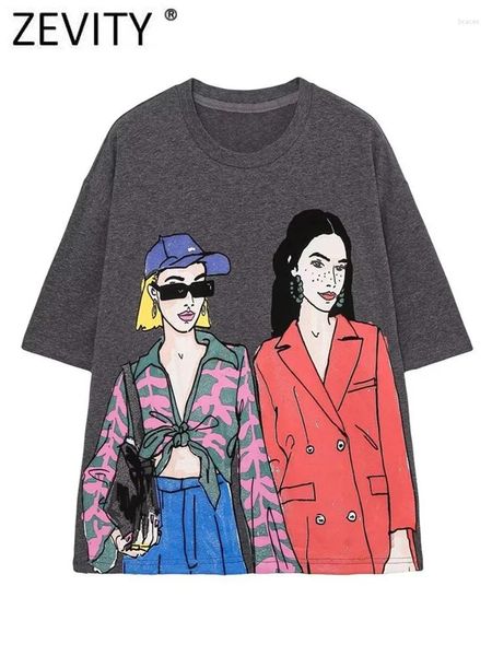 Kadın Tişörtleri Zevity Kadın Moda Kontrastı Renk Renk Basılı Baskı Gündelik Gri Gömlek Kadın Temel O Boyun Kısa Kollu Şık Sokak Giyim Üstleri