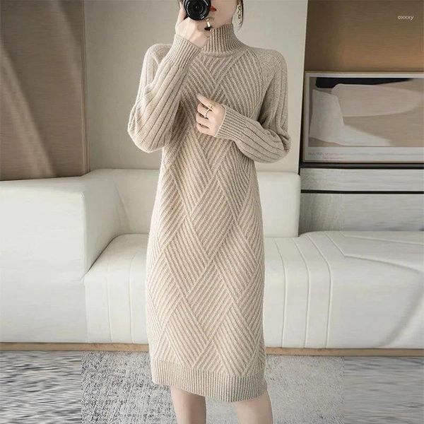 Casual Kleider Herbst Winter Warme Koreanische Rollkragen Gerade Pullover Frauen Knielangen Langarm Boden Gestrickte