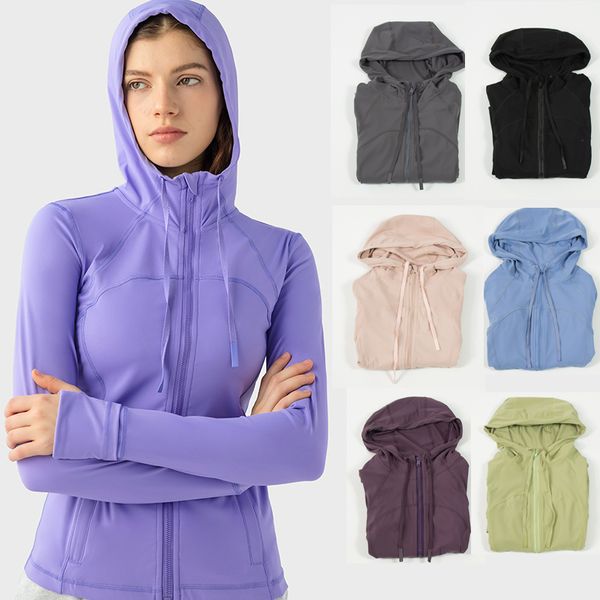 LL Yoga Defi Giacca con cappuccio Cappotto con zip intera Modellante Vita aderente Felpe da palestra Antivento Versatile da studio a strada Weekend Jogger Abbigliamento sportivo