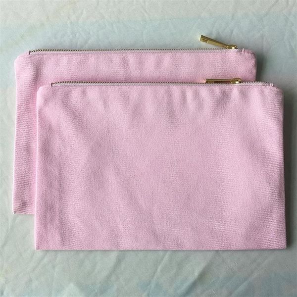 Bolsa de maquiagem de lona rosa claro, bolsa de cosméticos de algodão rosa em branco, bolsa de mão grande cinza, bolsa com zíper rosa para artesanato diy260l