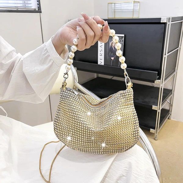 Borse da sera Pochette con strass Boutique da donna Manico in perla lucida per borsette e borsette Borsa da donna di design di lusso