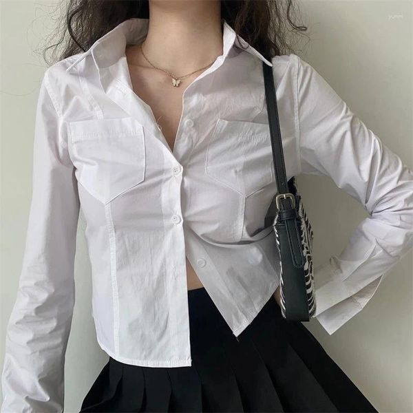 Blusas femininas manga longa colheita camisa branca mulheres moda coreana roupas botão acima blusa mulher streetwear turn down colarinho magro sexy