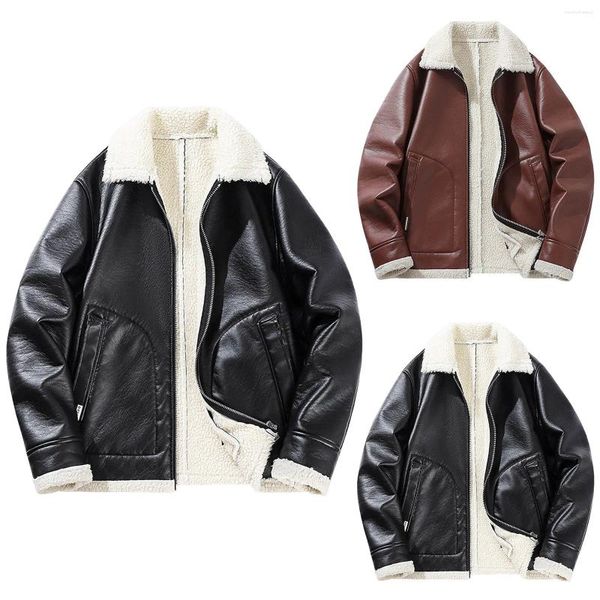 Jaquetas masculinas homens jaqueta de couro de lã outono inverno quente grosso outerwear falso cordeiro lã pele turn-down colarinho zíper casaco streetwear