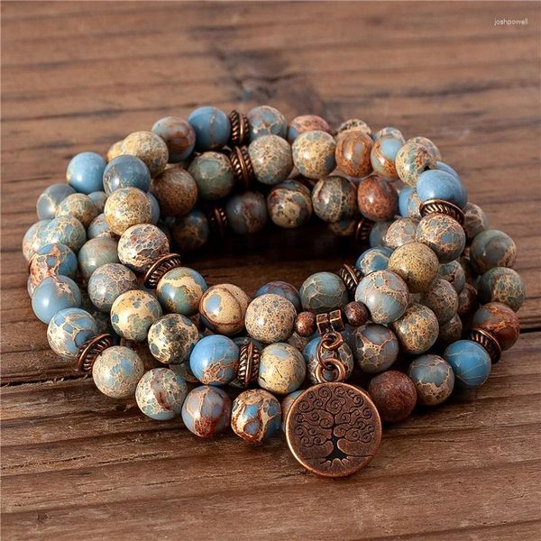 Strang 108 Mala Antiker Baum des Lebens Charm Elastisch 8mm Blauer Jaspis Perlenarmband Naturstein Yoga Gebet Meditation Schmuck Dropship