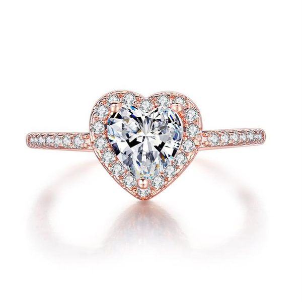 Mode Rose Gold Kristall Herzförmige Hochzeit Ringe Für Frauen Elegante Zirkon Verlobung Ringe Schmuck Party Gifts220e