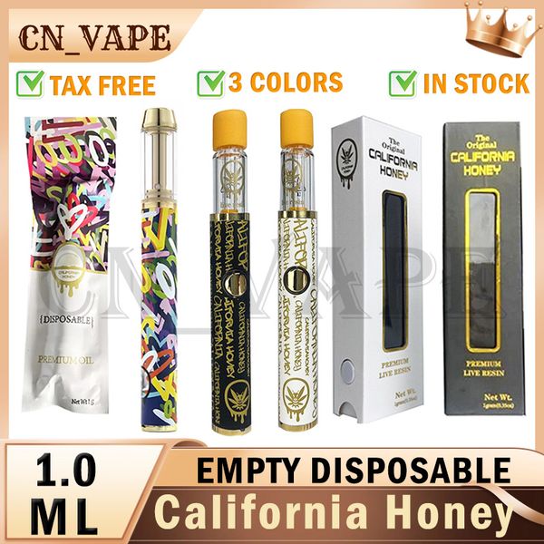 Yeni Colorfu California Bal Boyunca Tek Kullanımlık Kalemler 1.0ml Siyah Altın Buharlaştırıcılar Boş E Sigara Şarj Edilebilir Pil Kalın Yağ Ambalaj Çantası İçin Saf Taste