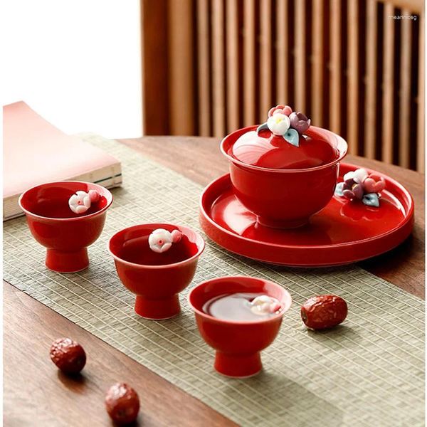 Conjuntos de chá mão-amassada flor gaiwan teacup conjunto de chá de cerâmica tigela vermelha presente de casamento chinês