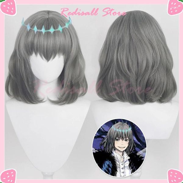 Fontes de festa fgo oberon cosplay peruca cinza escuro curto cinza resistente ao calor cabelo jogo destino grande ordem adulto halloween role play headwear