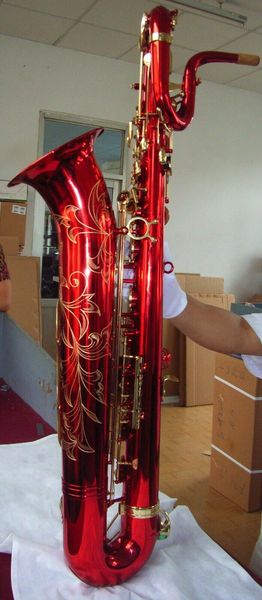 Música oriental Saxofone barítono com chave de ouro em laca vermelha com gravuras de dragão