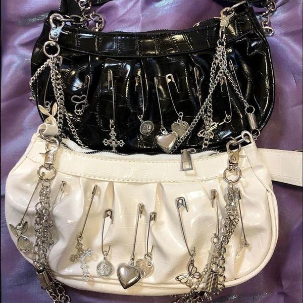 Abendtaschen Xiuya Harajuku Goth Bag Frauen 2021 Japanische Metall Punk Stil Plissee Hobos Schulter mit Kette Damen Handtasche Geldbörsen 309l