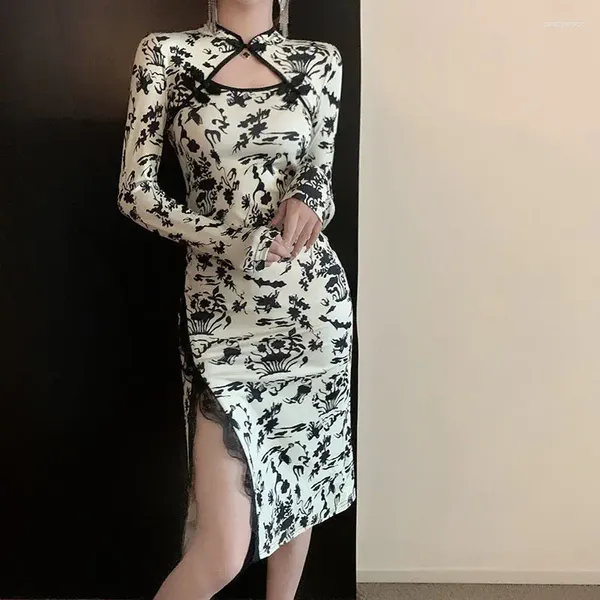 Abiti casual Moda elegante Slim Vintage Stampa sexy Bottoni in stile cinese Manica lunga Primavera Autunno Abbigliamento da donna sottile