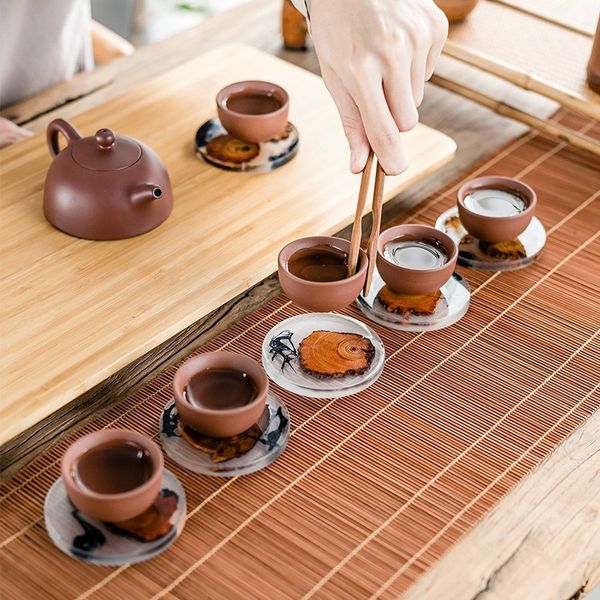 ZK20 Japanischer Holz Tee Coaster Harz Isolation Pad Einfacher Untersetzer kreativer Dichtung Tee -Zeremonie Accessoires Haushalt Thuja Matte Tee