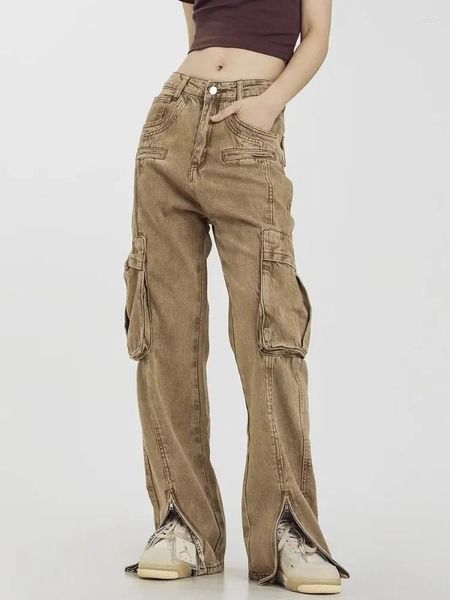 Jeans masculinos zíper multi bolso mulheres americana streetwear moda hip hop solto casual vintage cáqui denim perna larga calças de carga
