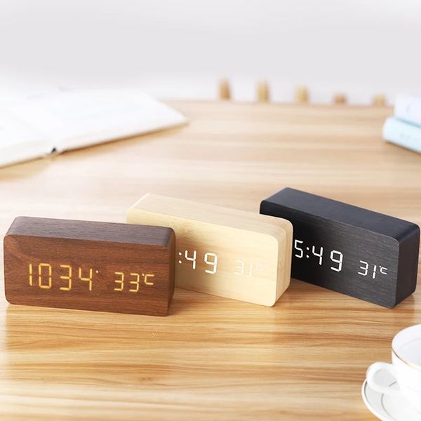 Деревянные цифровые будильники, светодиодные будильники с температурными стойными часами для офиса, прикроватные часы