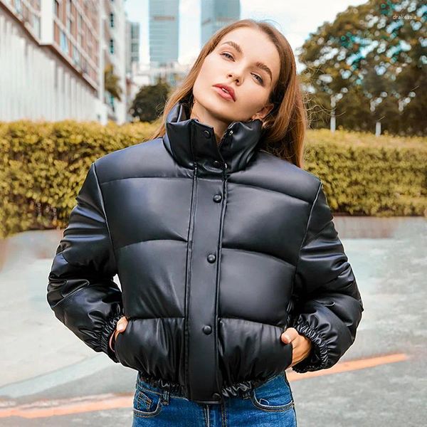 Frauen Leder Damen Kurze Parka Jacke Daunenmantel Winter Koreanischen Stil Stehkragen Solide Schwarz Weibliche Brot Lose Übergroßen mäntel