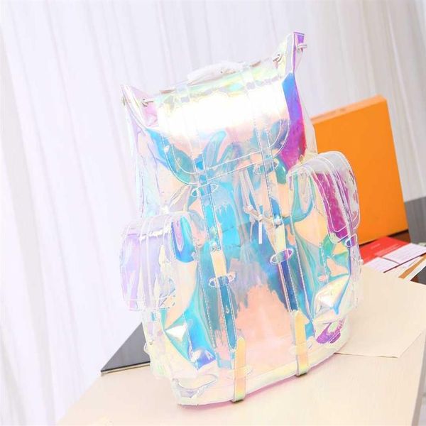 Männer Regenbogen Laser Flash PVC Designer Outdoor Rucksack Transparent Duffle Brillante Farbe Rucksäcke Gepäck Reisetasche Umhängetasche S250I