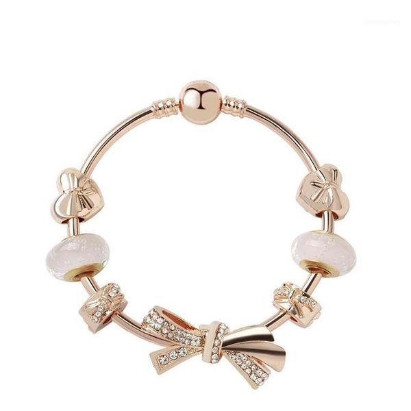 Moda originale Pandoras argento 925 oro rosa vetro brillante arco bracciali braccialetti set gioielli fai da te perline fascino regalo di festa Bang199m7MGL