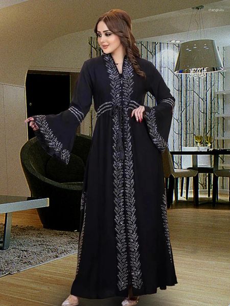 Vestidos casuais eid vestido muçulmano para mulheres dubai kaftan flare manga abaya jalabiya turquia ramadan islam festa abayas robe cinto caftan