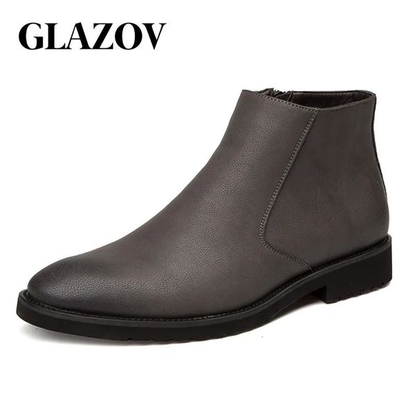 Stivali GLAZOV Primavera Moda Uomo in pelle Comoda zip Scarpe a punta Scarpe eleganti da lavoro Nero Marrone Caviglia 231204