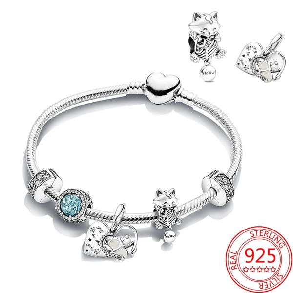 Braccialetto in argento sterling 100% 925 simpatico gatto amore animale domestico momento braccialetto set splendida ragazza braccialetto in argento regalo gioielli 231204