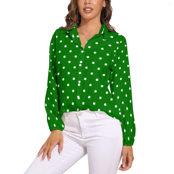 Blusas femininas brancas bolinhas blusa solta natal verde coreano moda oversize mulher manga longa camisa bonita primavera impresso topo