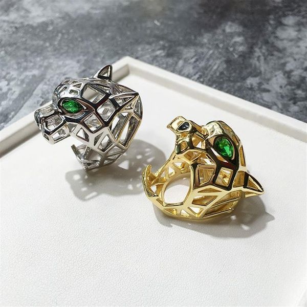 New Arrival Fashion Lady Brass Hollow Out Green Crystal Eyes Panther Head 18k Gold Plated Engagement Wedding Rings 2 Color Size 6-194s