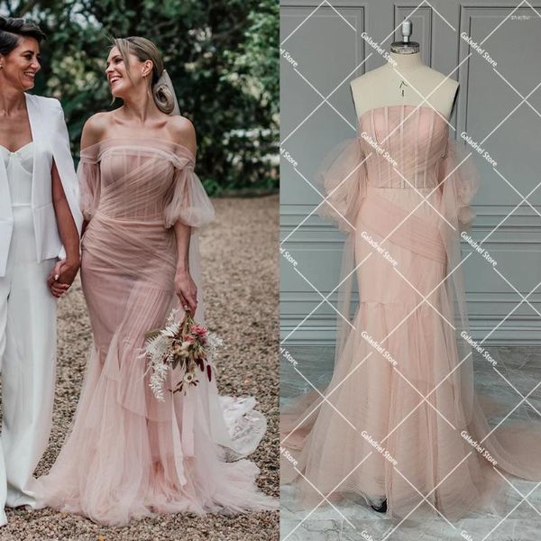 Abiti da festa Sirena in tulle arricciato maniche corte Abiti da sera sexy Plus Size Senza spalline Morbido abito da ballo incrociato per invitati a un matrimonio