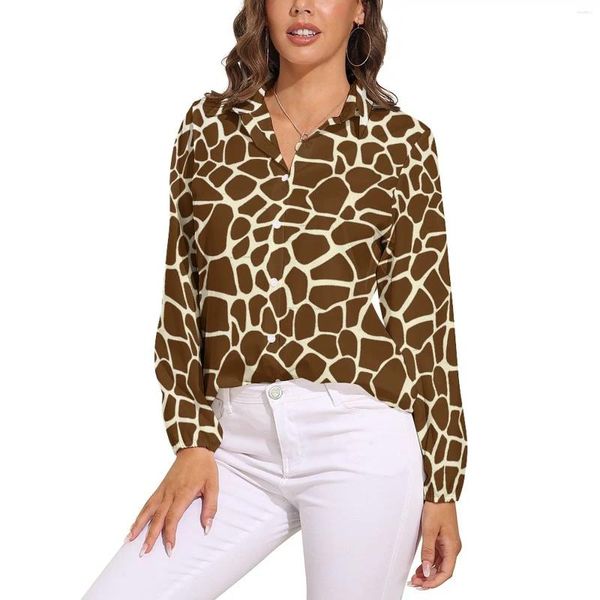 Blusas femininas girafa blusa marrom animal impressão bonito padrão das mulheres streetwear camisas outono manga longa oversized topo