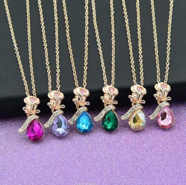 Moda ouro prata cristal pedra preciosa rosa anjo lágrimas gotejamento colar feminino pingente colar ordem da mistura