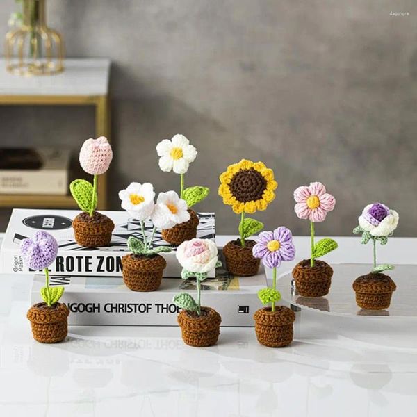 Flores decorativas de crochê flor artificial mão-malha planta desktop presentes caseiros decoração carro casa diy buquê h3h5