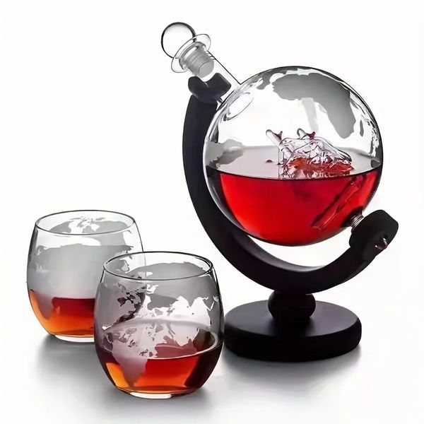 Bar Tools Creative Globe Dekanter-Set mit bleifreier Karaffe, exquisitem Holzständer und 2 Whiskygläsern, Geschenk in Whisky-Qualität, 231204